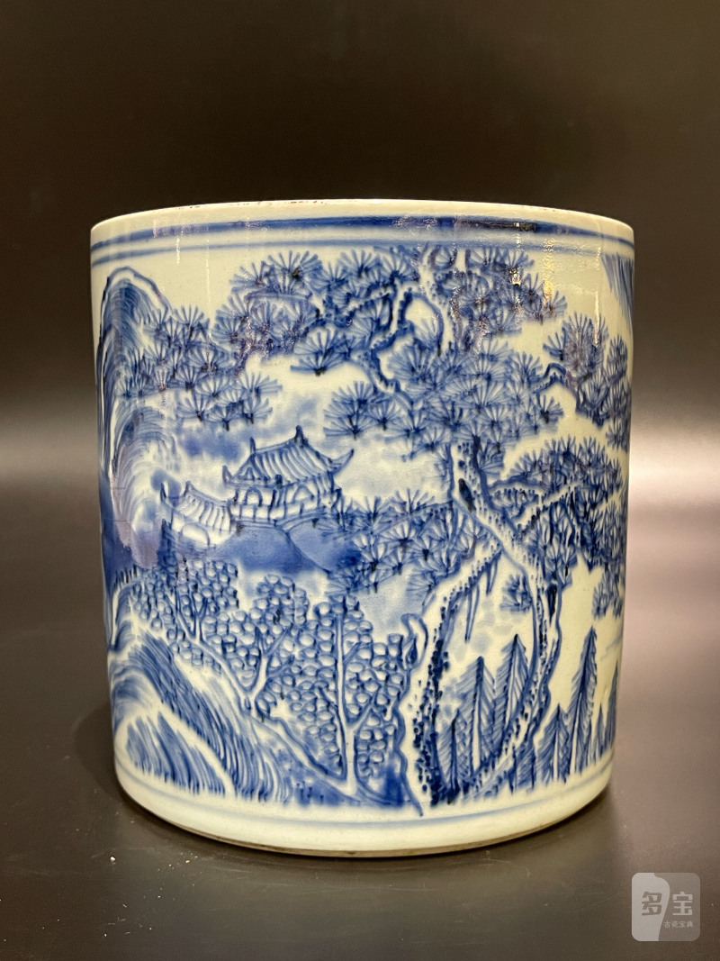 清康熙 青花山水松阁图笔筒 - 图5